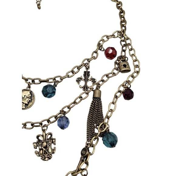 Multistrand Charm Necklace 22" Brass Tone Beads Locks Keys Shield Charms - Picture 14 of 16